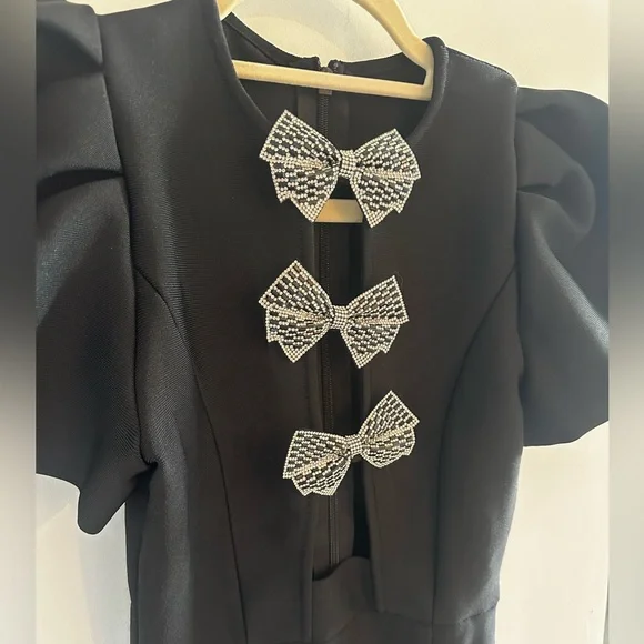 Black Mini Sheath Dress with Puff Cap Sleeves and Gray Bows - Picture 3 of 5